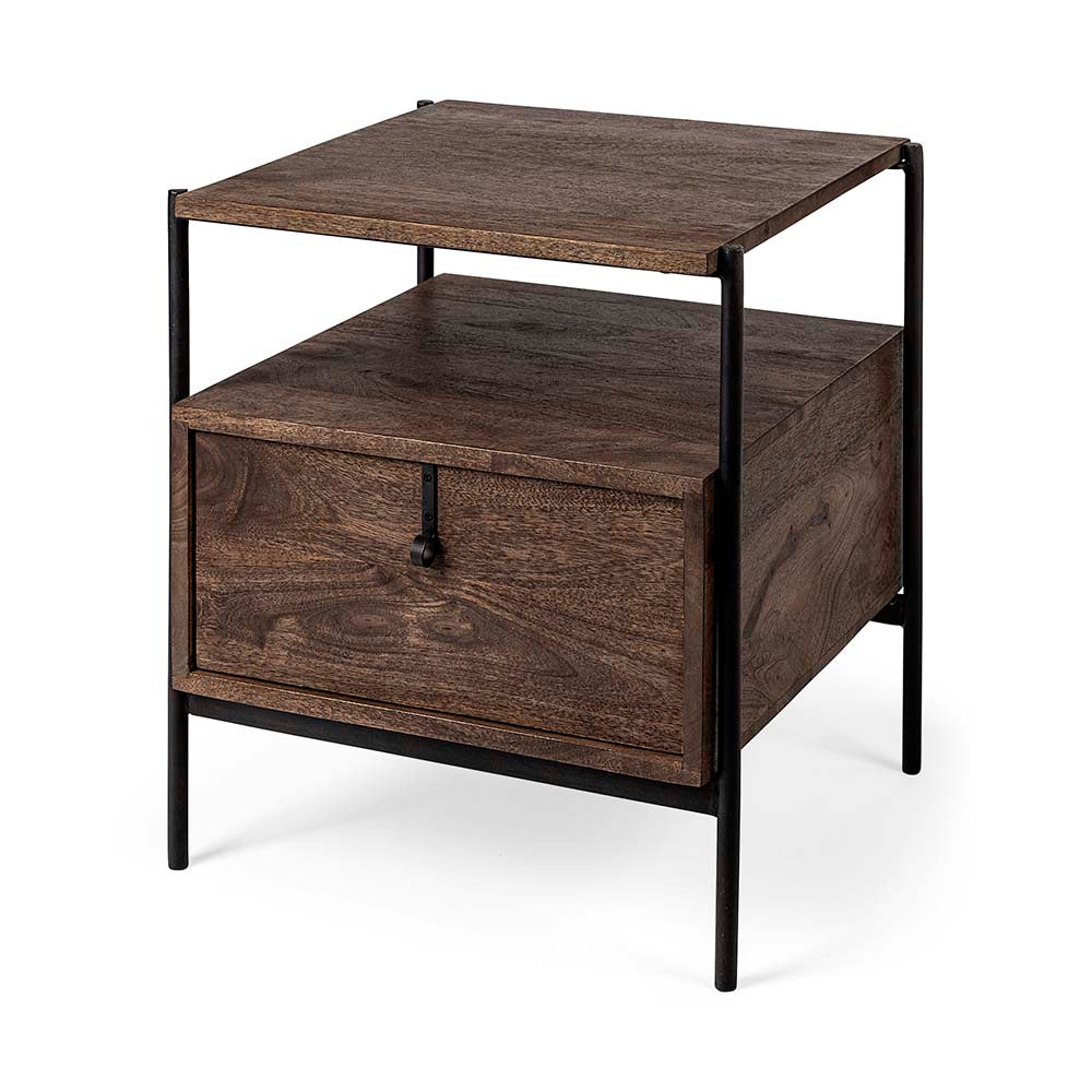 Square wood end table with black iron legs and drawer and rustic pull on a white background