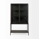 Black display cabinet with glass doors and metal base on a white background