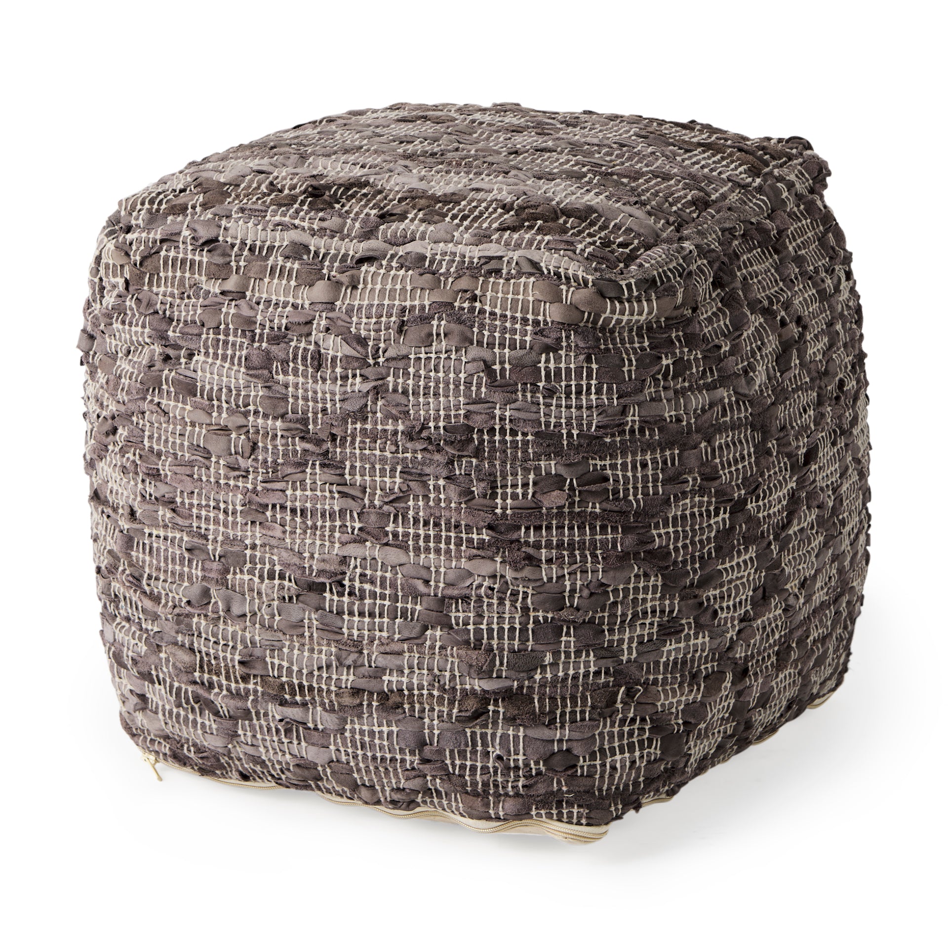 Grey square pouf with cotton and leather accents in geometric pattern on a white background