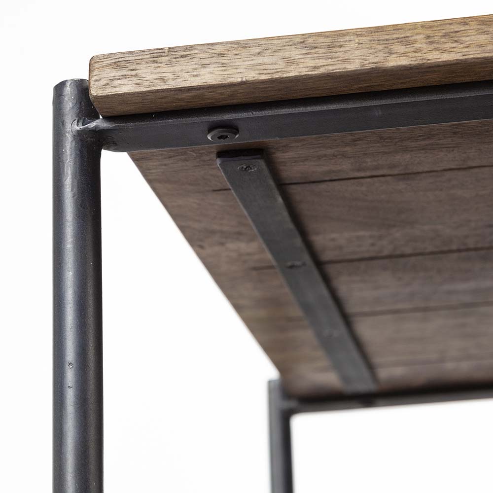 Square wood end table with black iron legs and drawer and rustic pull on a white background