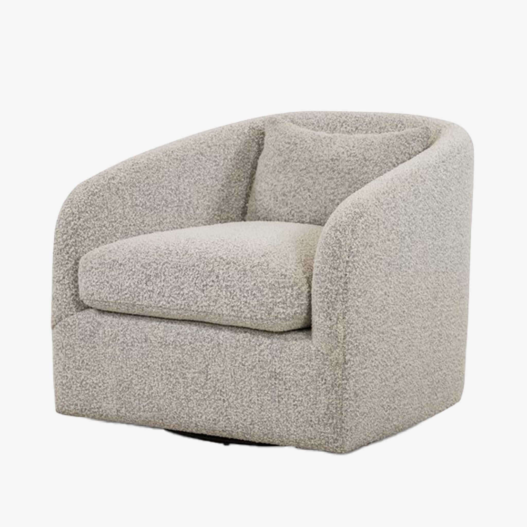 Four hands brand Topanga swivel chair with boucle grey and creme fabric on a white background