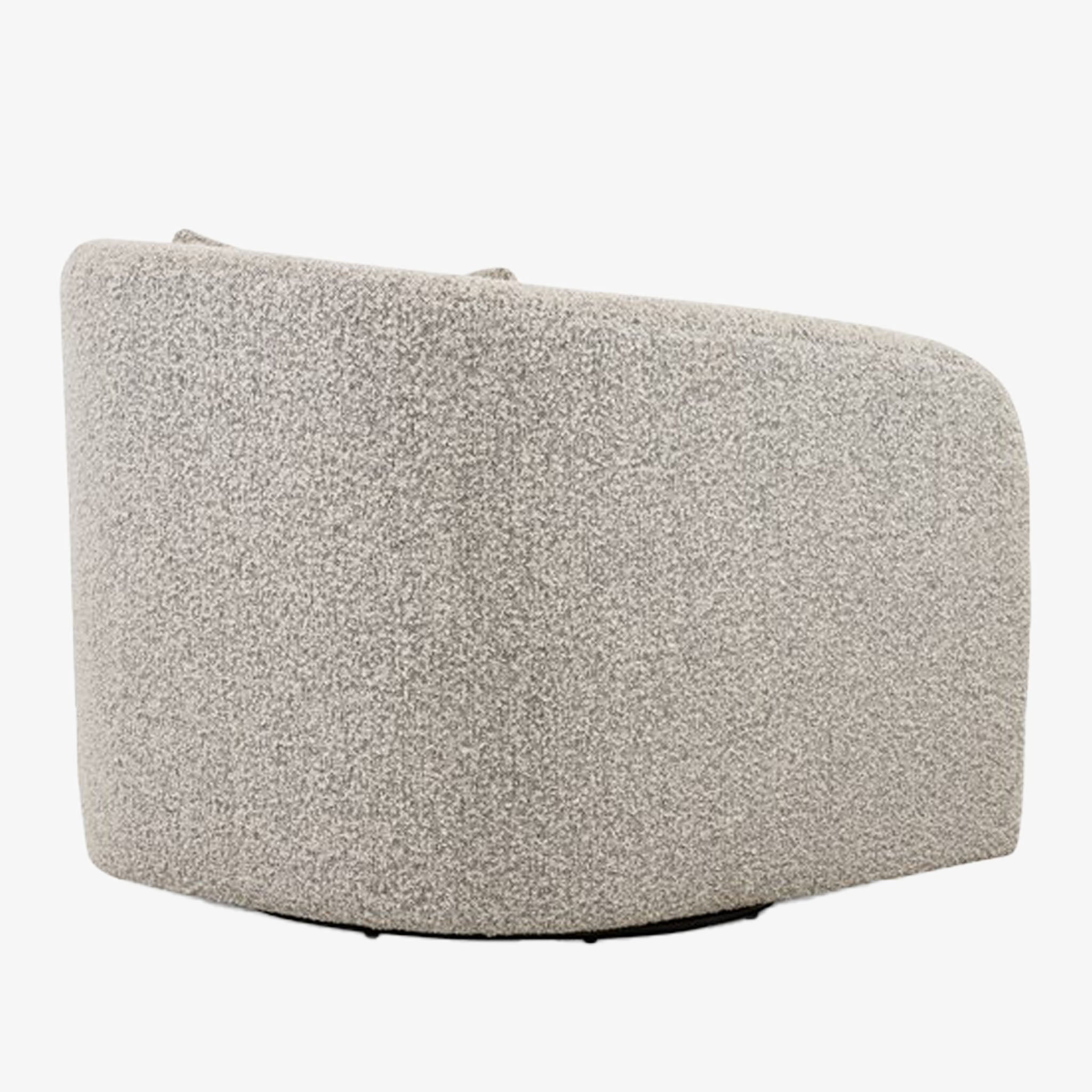 Four hands brand Topanga swivel chair with boucle grey and creme fabric on a white background