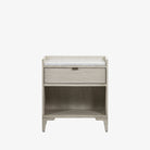 Whitewashed nightstand with drawer and marble top on a white background 