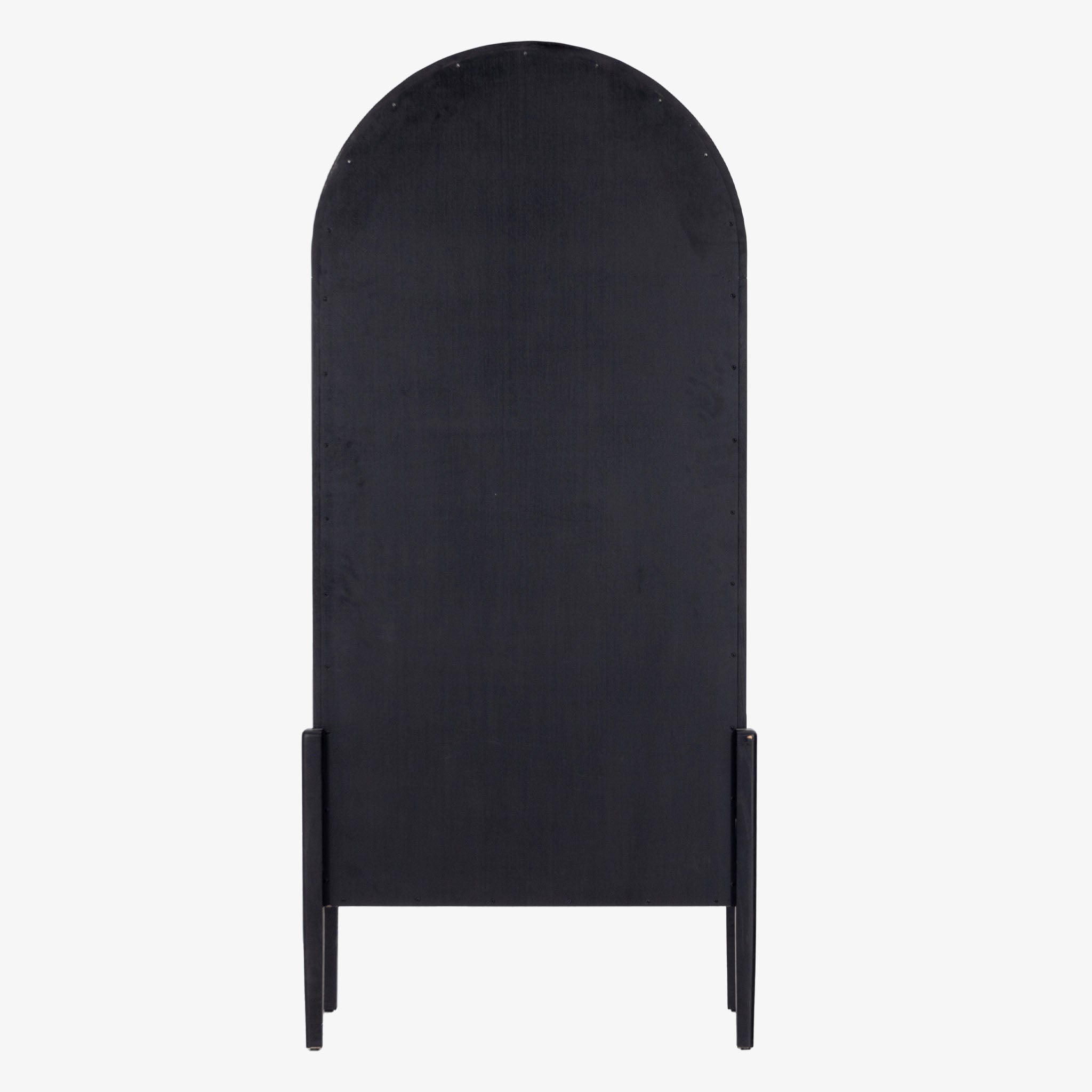 Four hands furniture brand Tolle black cabinet with arched top and wood stained interior on a white background 