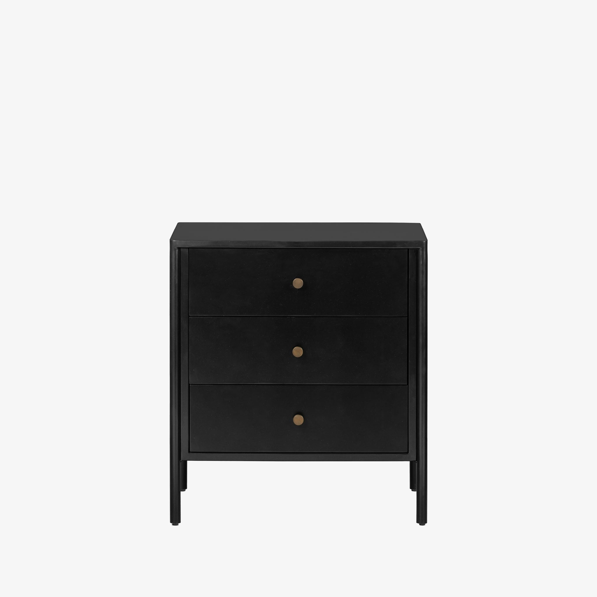 Black three drawer 'Soto' nightstand by four hands furniture on a white background