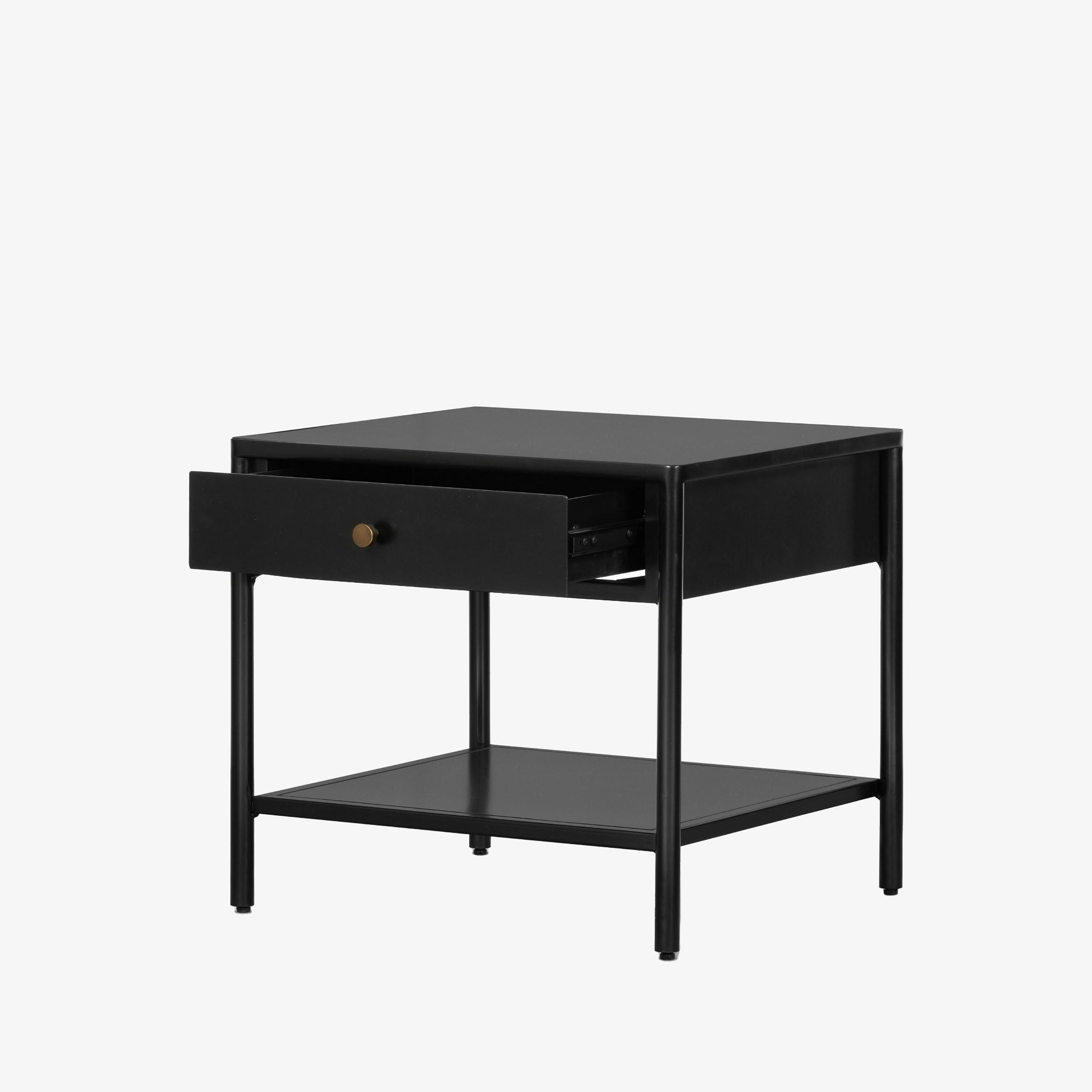 Black single drawer 'Soto' end table by four hands furniture on a white background