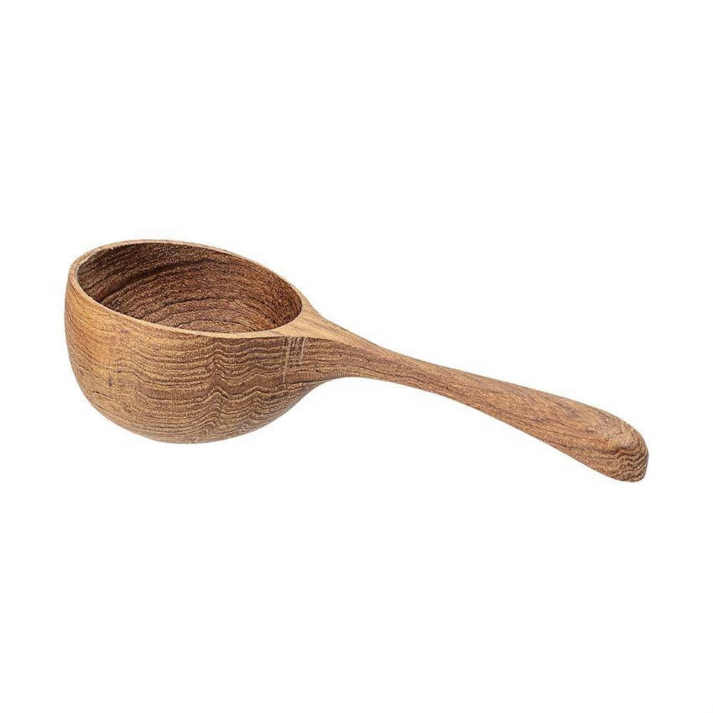 Five inches deep carved teak wood spoon on a white background