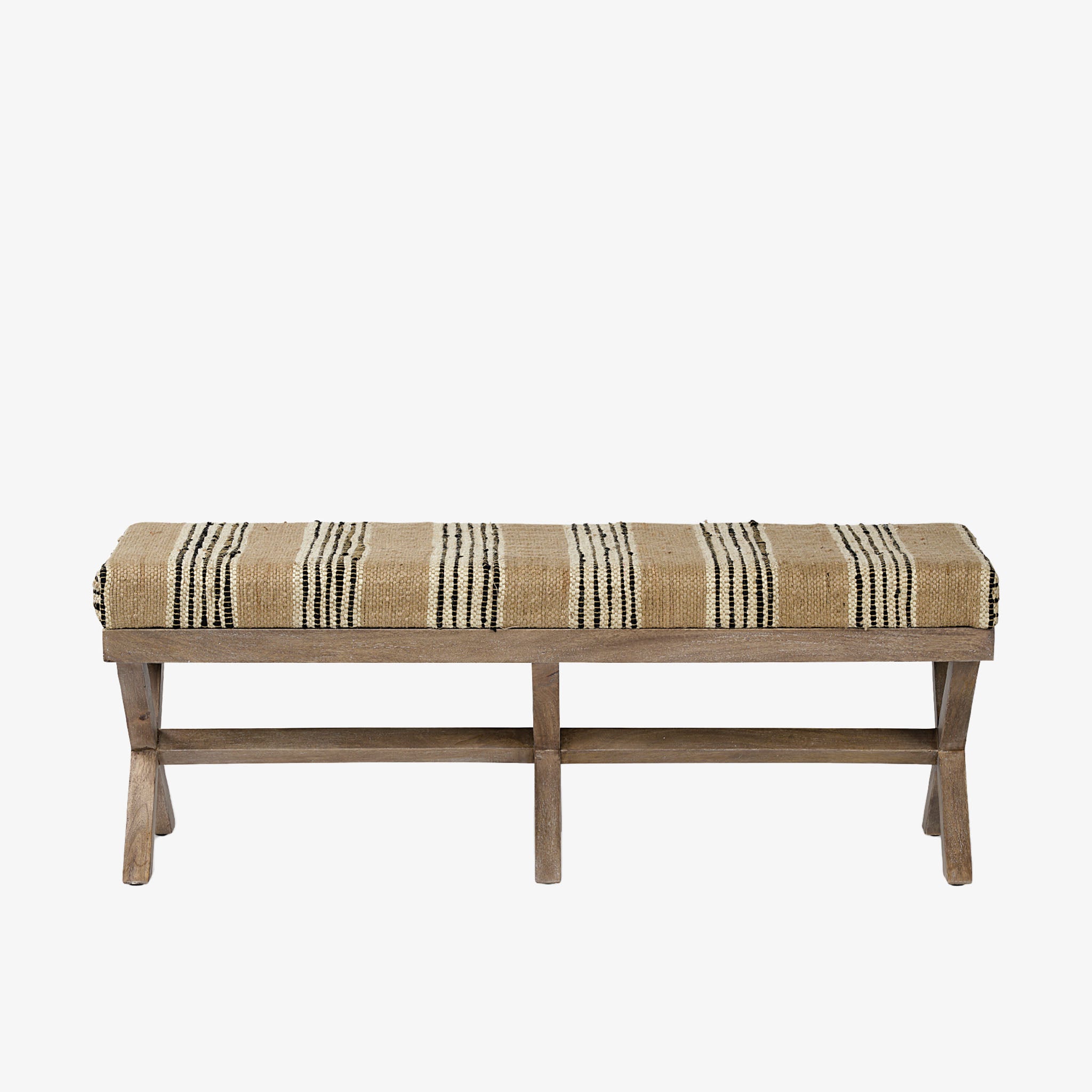 Wood bench with jute yellow and black and white striped upholstered cushion on a white background