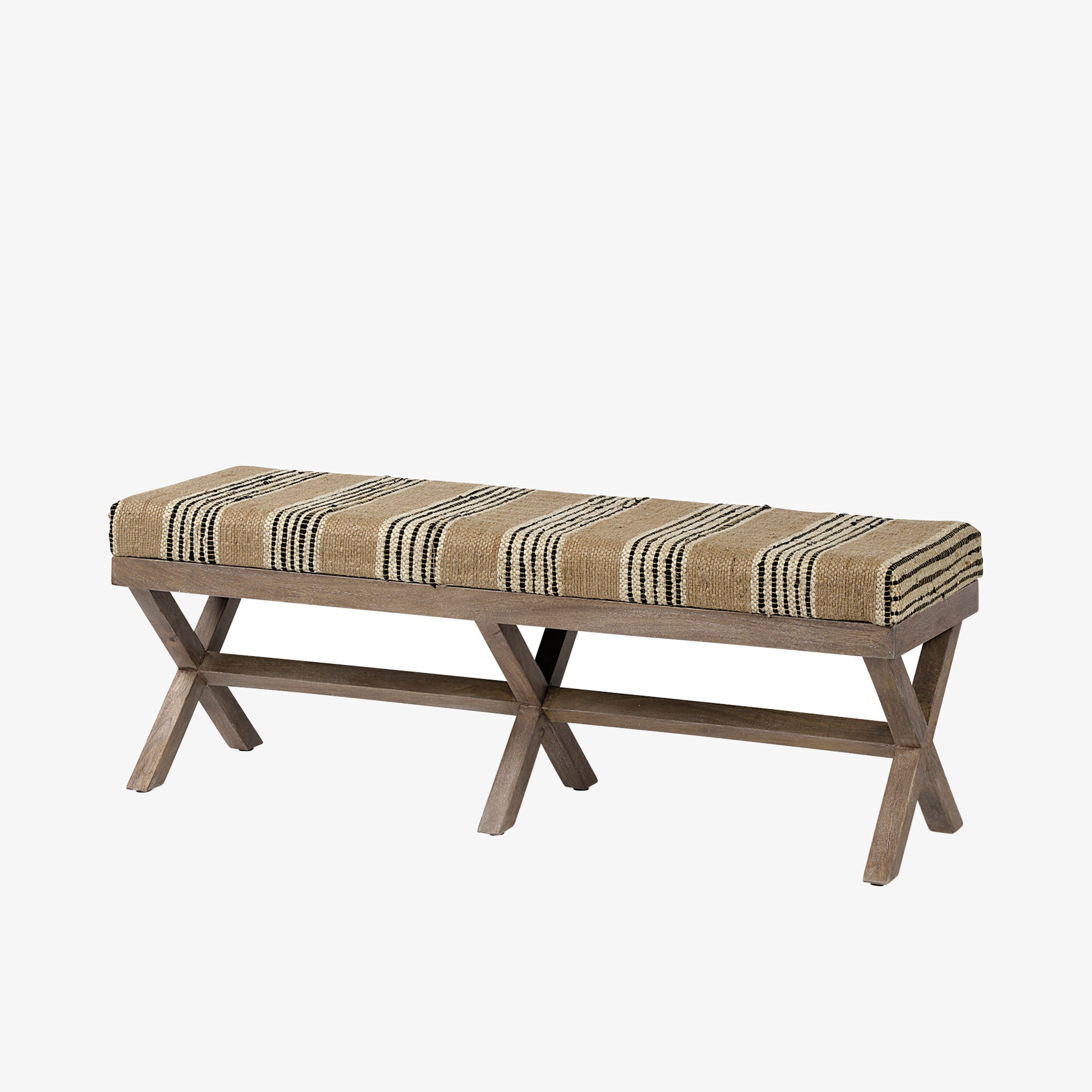 Wood bench with jute yellow and black and white striped upholstered cushion on a white background