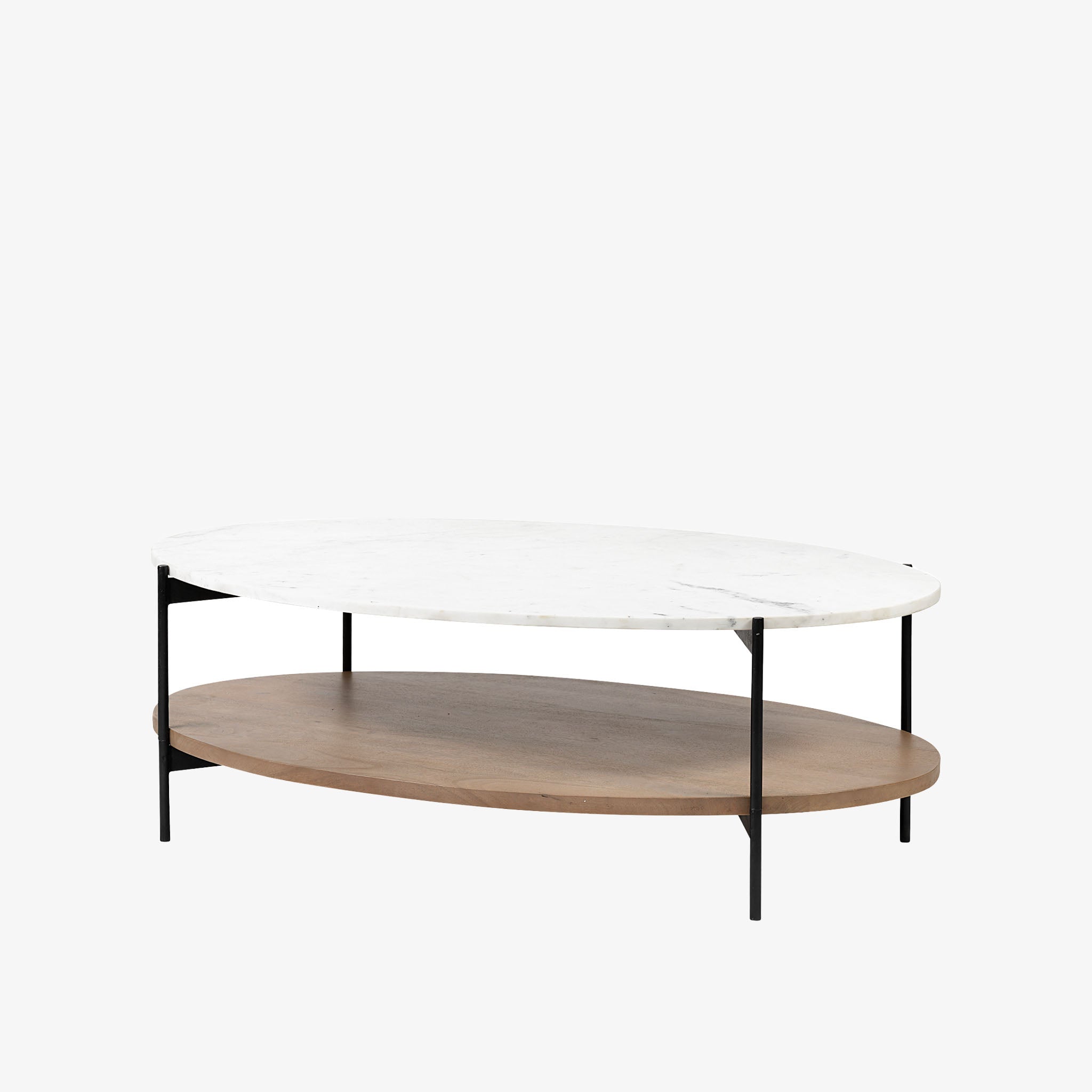 Oval White Marble Top Wood Shelf Black Metal Base Coffee Table on a white bckground