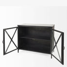 Small black metal cabinet with glass doors and cross hatch mullion design on a white background