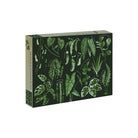 Front of puzzle box titled leaf supply with black background and leaf illustrations 