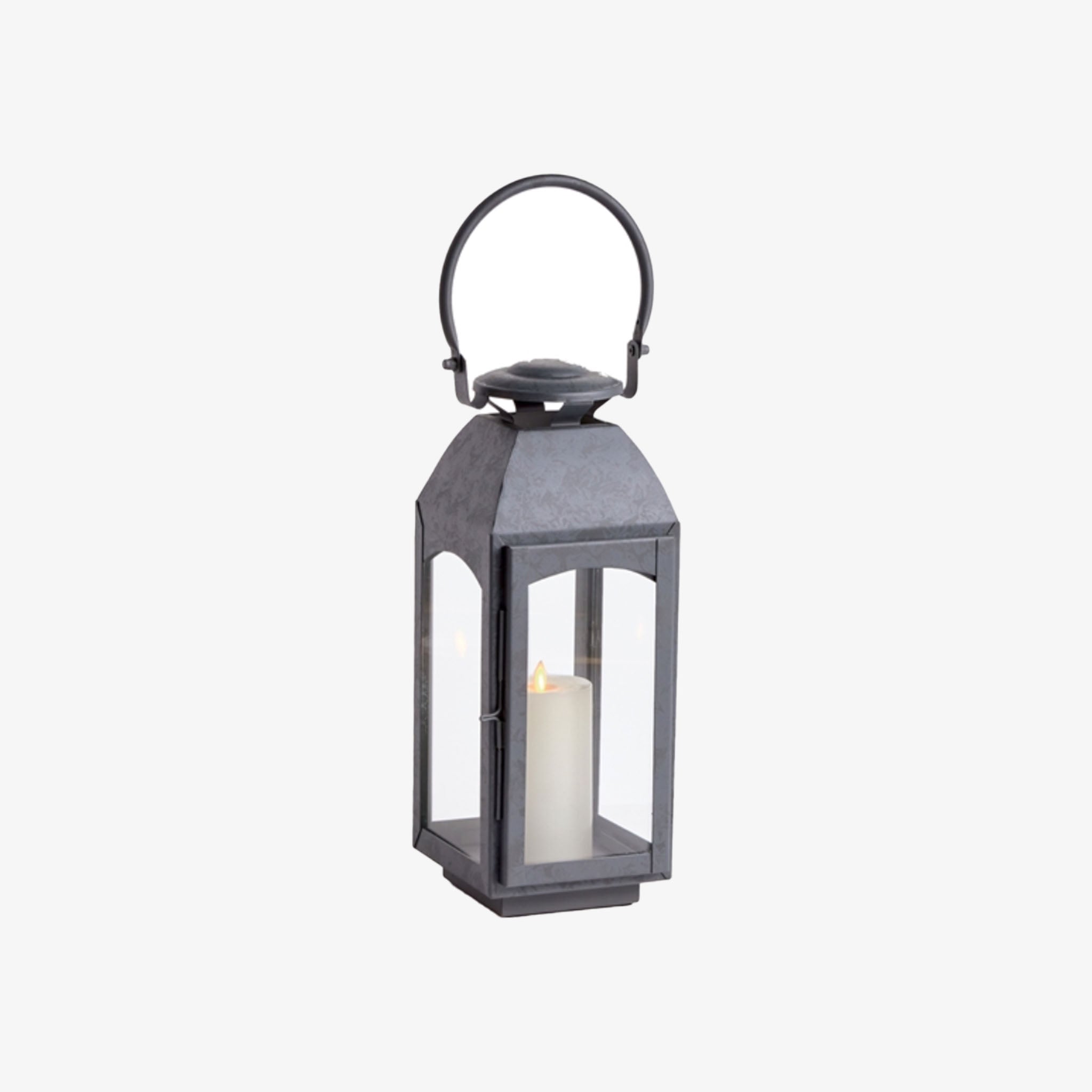 Zinc metal square outdoor lantern with arched top handle on a white background