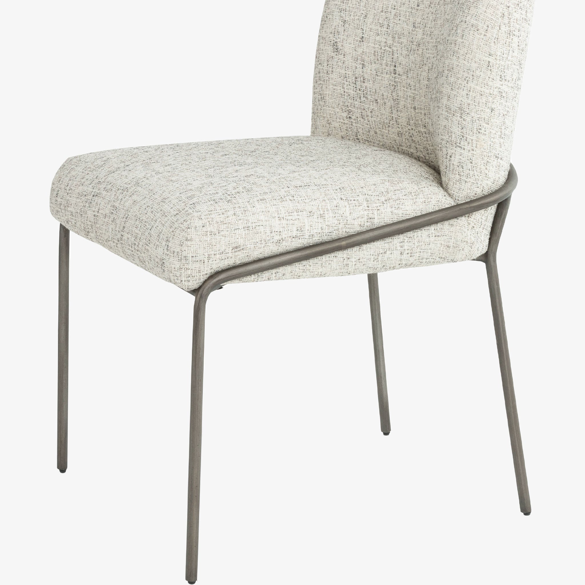 Four Hands Brand Astrud dining chair with pewter fabric seat and back and iron legs on a white background