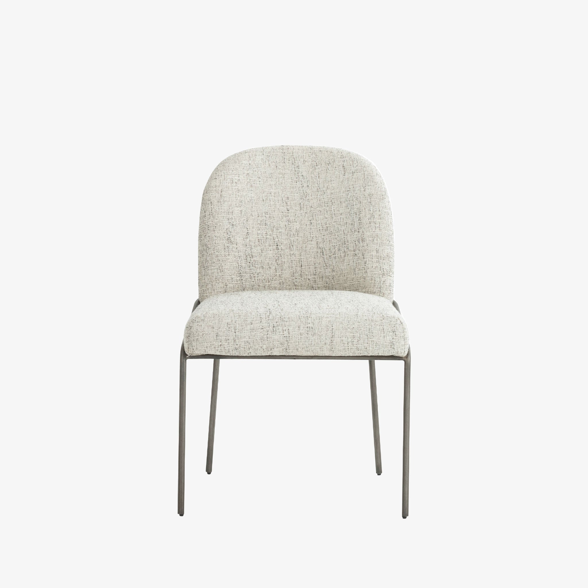 Four Hands Brand Astrud dining chair with pewter fabric seat and back and iron legs on a white background