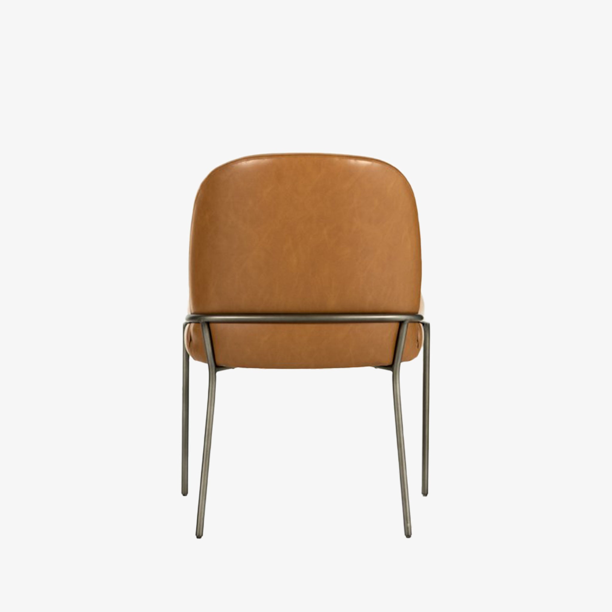 Four Hands Brand Astrud dining chair with brown leather seat and back and iron legs on a white background