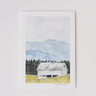 Watercolor artwork of Vermont mountains and white barn by Zarabeth Duell