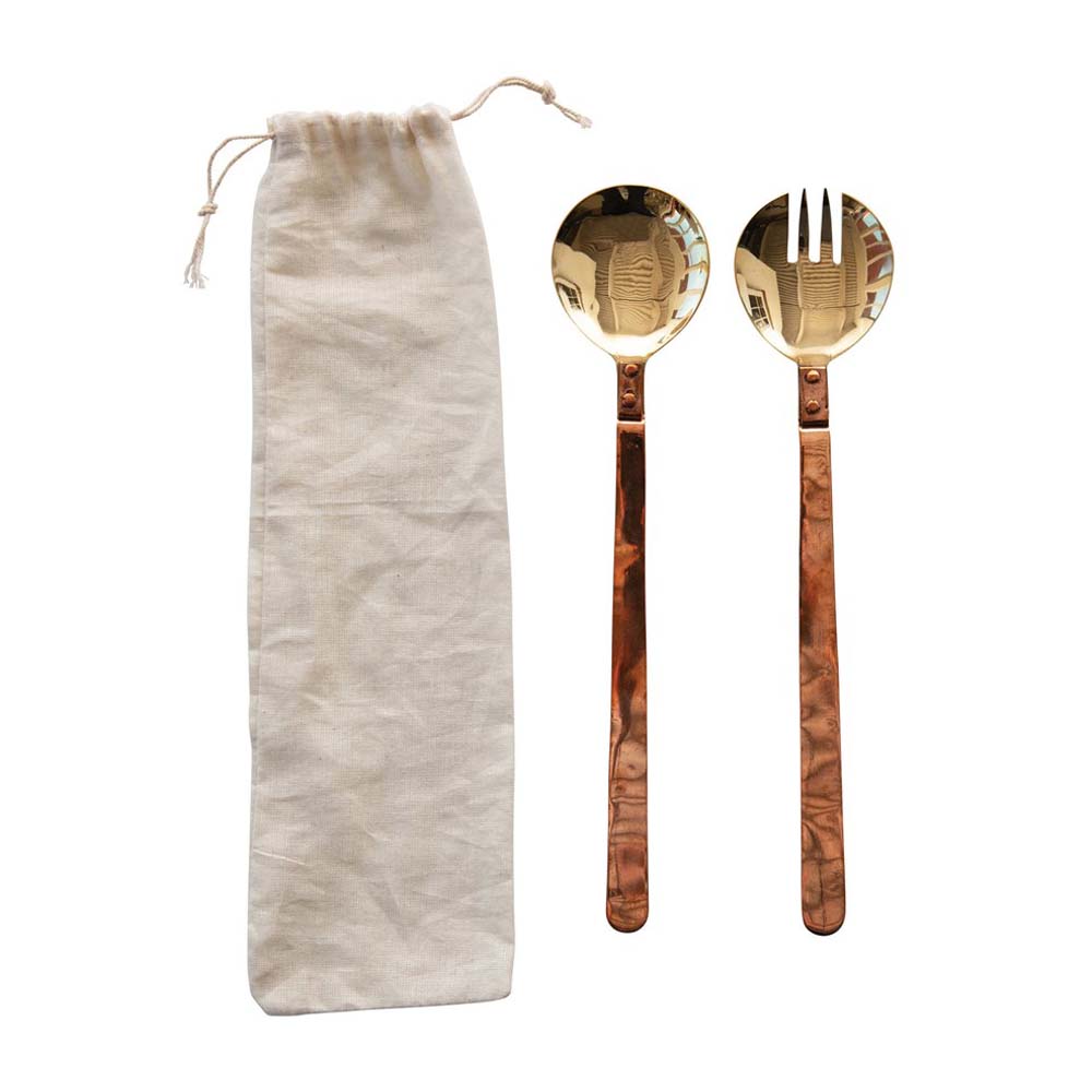 Brass Salad Servers w/ Copper Handles in Drawstring Bag on a white background