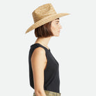 Model wearing Brixton Houston Cowboy Hat in Natural with a black tank top on a white background