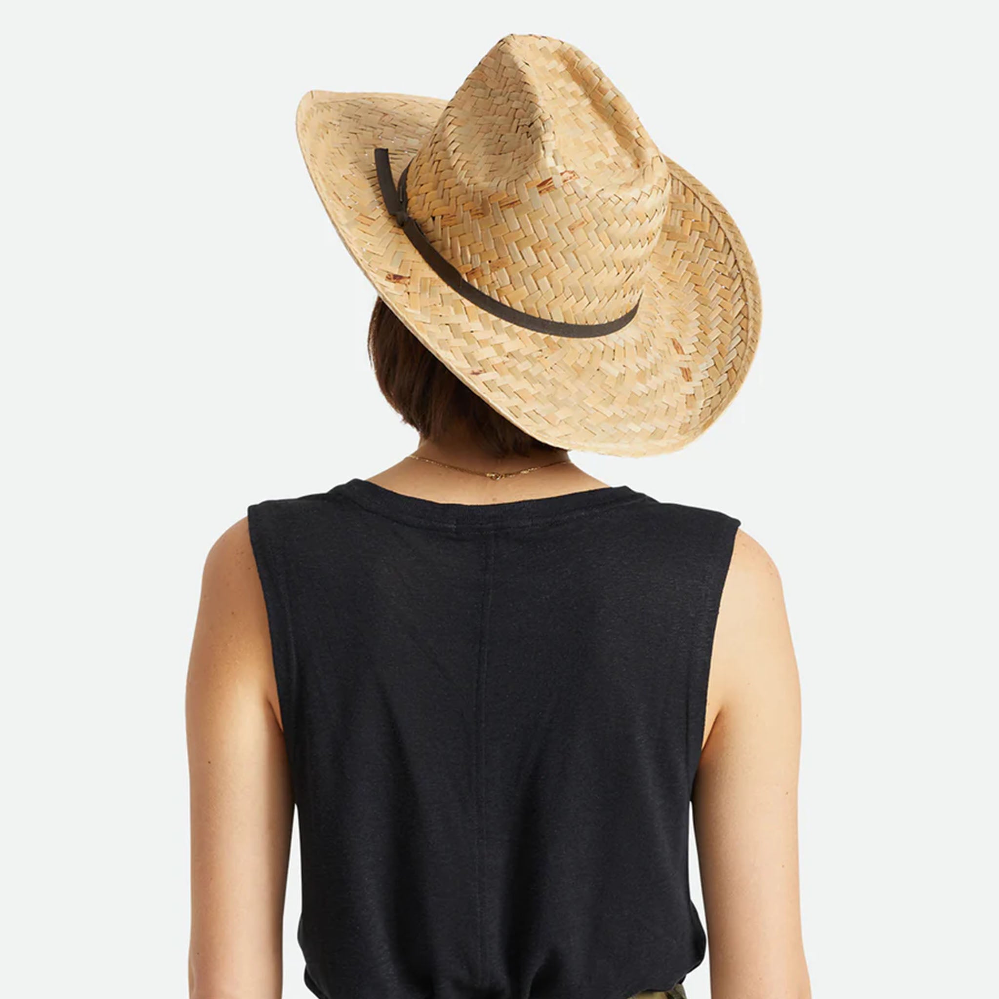 Model wearing Brixton Houston Cowboy Hat in Natural with a black tank top on a white background