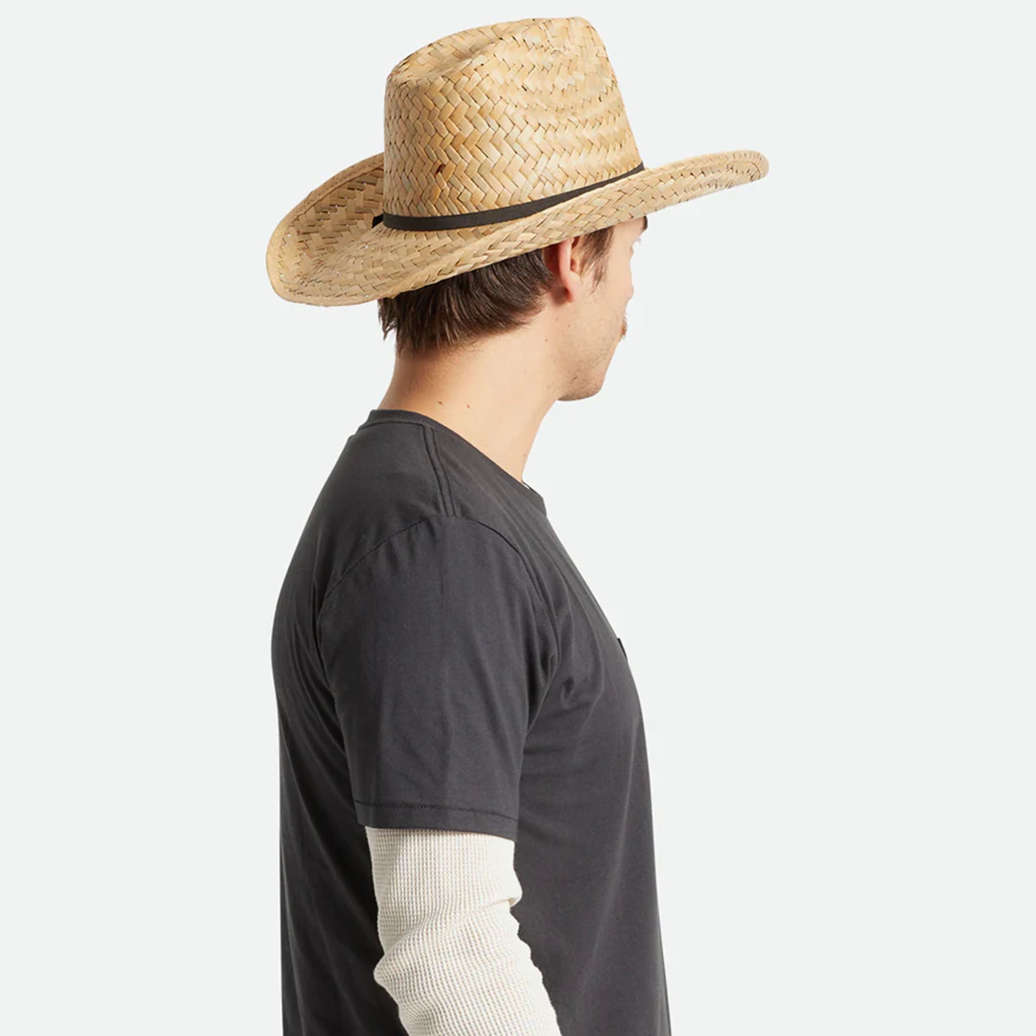 Male Model wearing Brixton Houston Cowboy Hat in Natural with a black t shirt on a white background