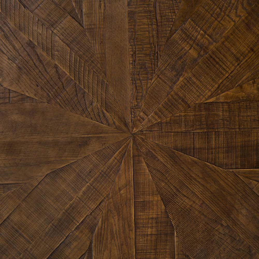 Dark wood 'Perry' coffee table with wood inlay and brass detailing by four hands furniture on a white background