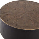 Dark wood 'Perry' coffee table with wood inlay and brass detailing by four hands furniture on a white background