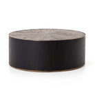 Dark wood 'Perry' coffee table with wood inlay and brass detailing by four hands furniture on a white background