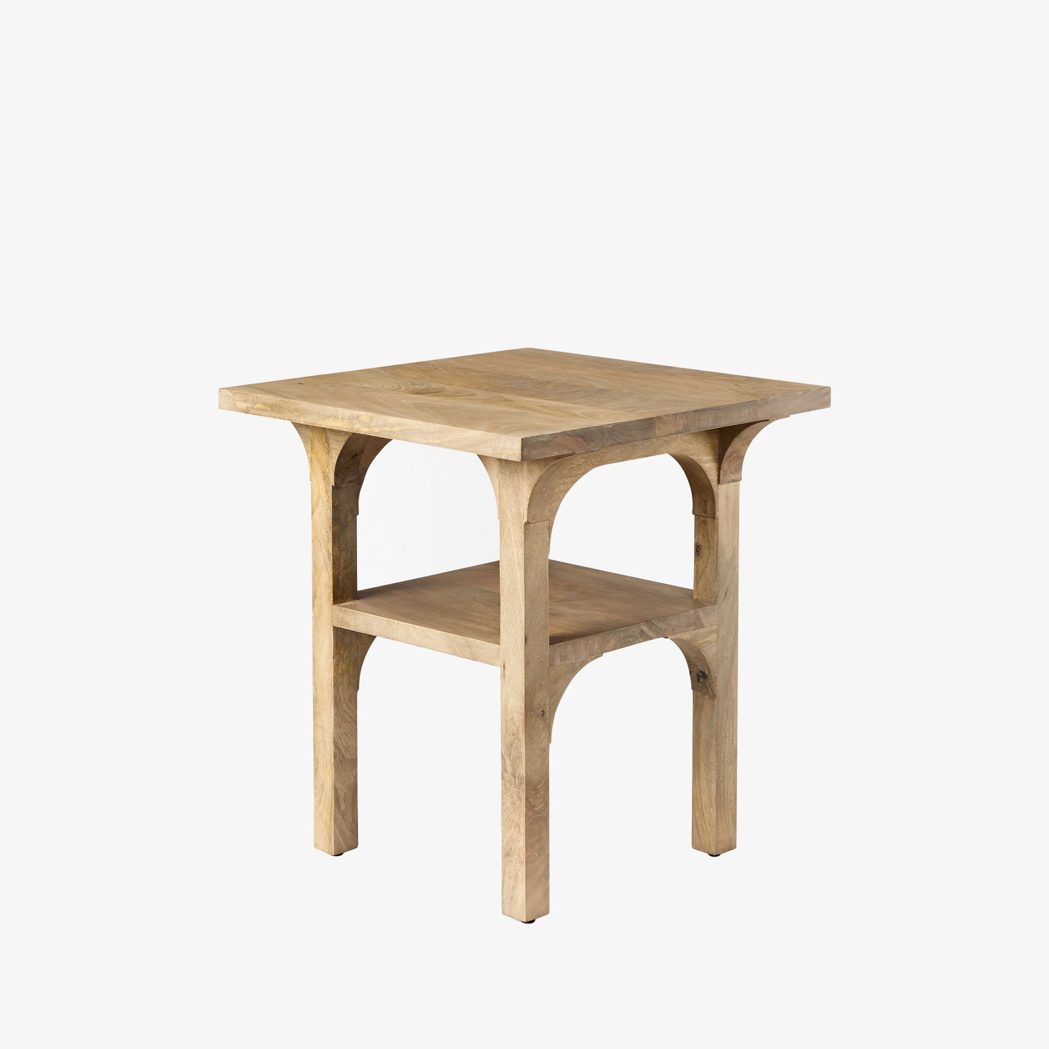 Light wood accent table with arched base and shelf detail on a white background