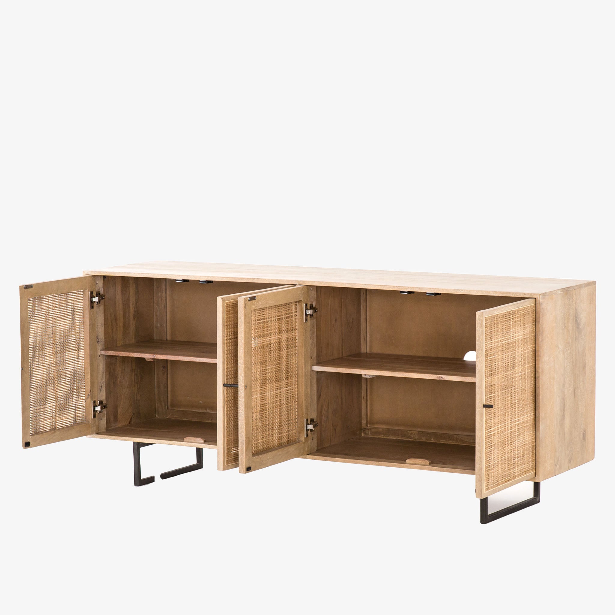 Four Hands furniture brand Carmel side board with four cane doors and metal legs with doors open on a white background