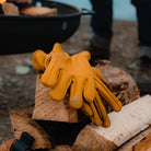 Garden work gloves on pile of wood with bonfire in background