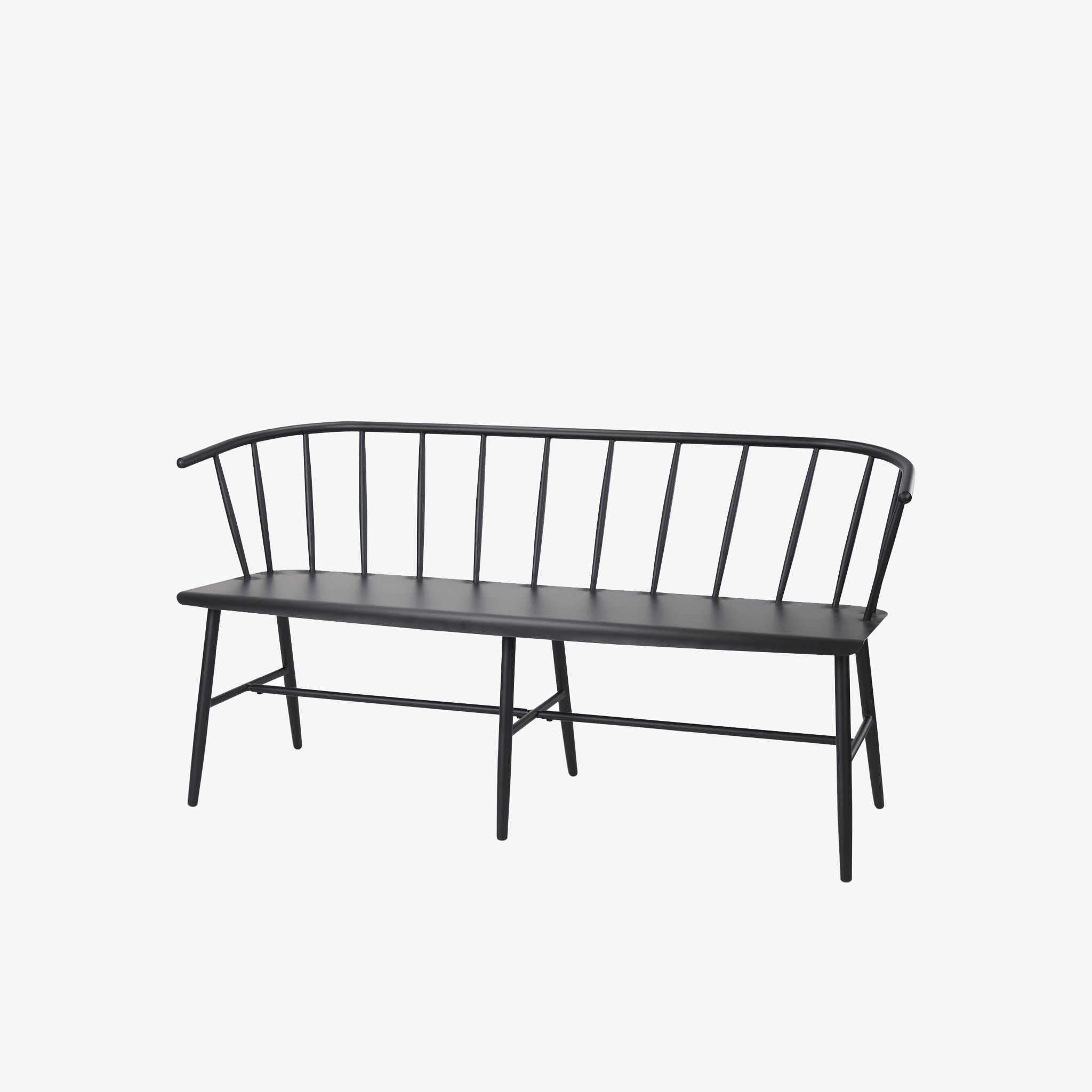 Black metal bench with Windsor chair styling and curves back rail on a white background