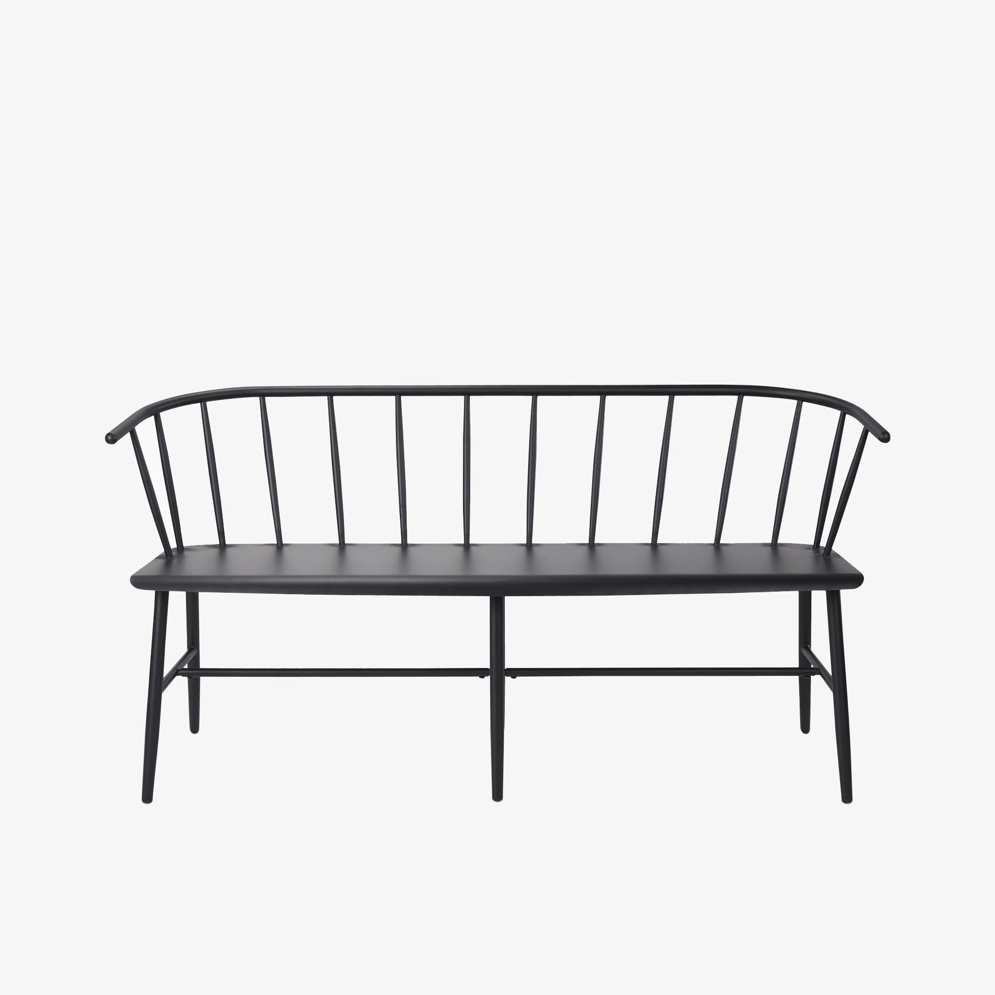 Black metal bench with Windsor chair styling and curves back rail on a white background