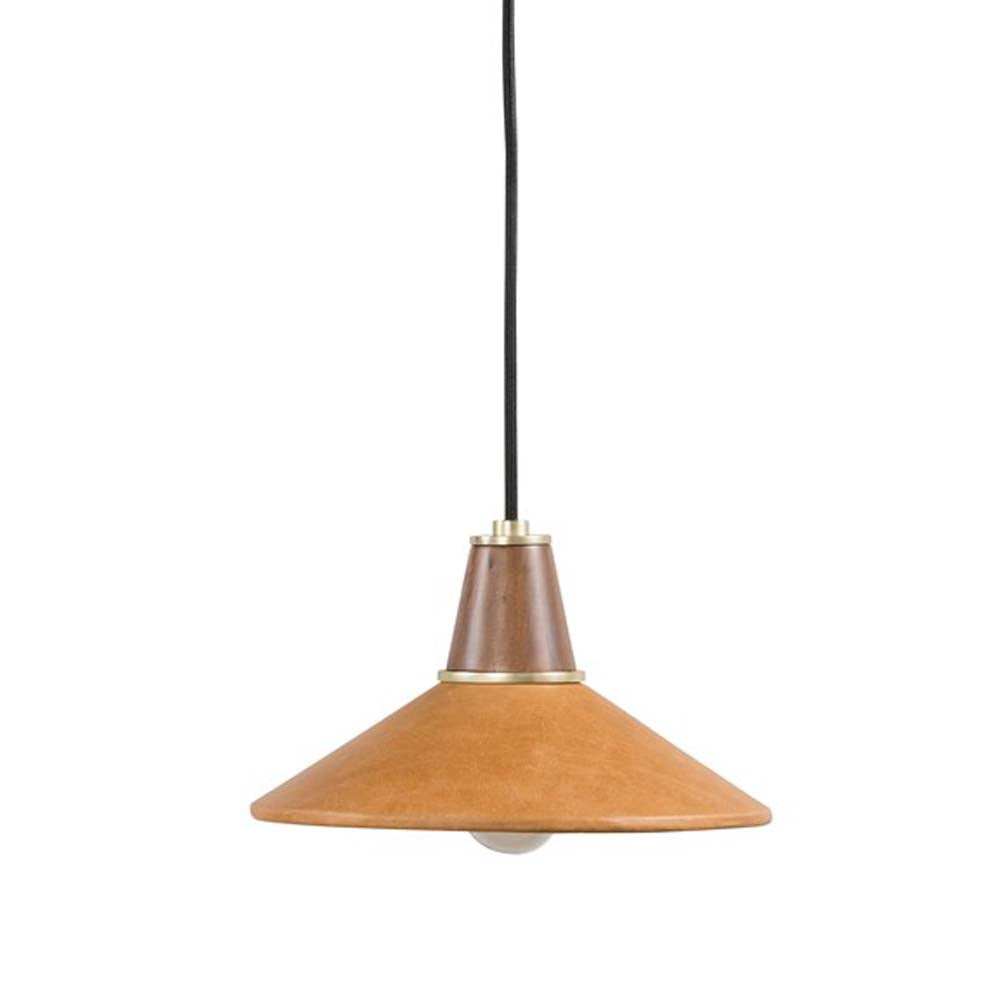 Leather and walnut pendant light with brass accents and black cord on a white background