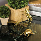 Collection of gold finish small dragon fly, grass hopper and lady bug sculptures together on a table with books