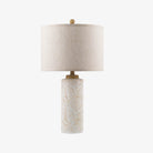 Off-White Glazed Ceramic Table Lamp with Beige Linen Shade on a white background