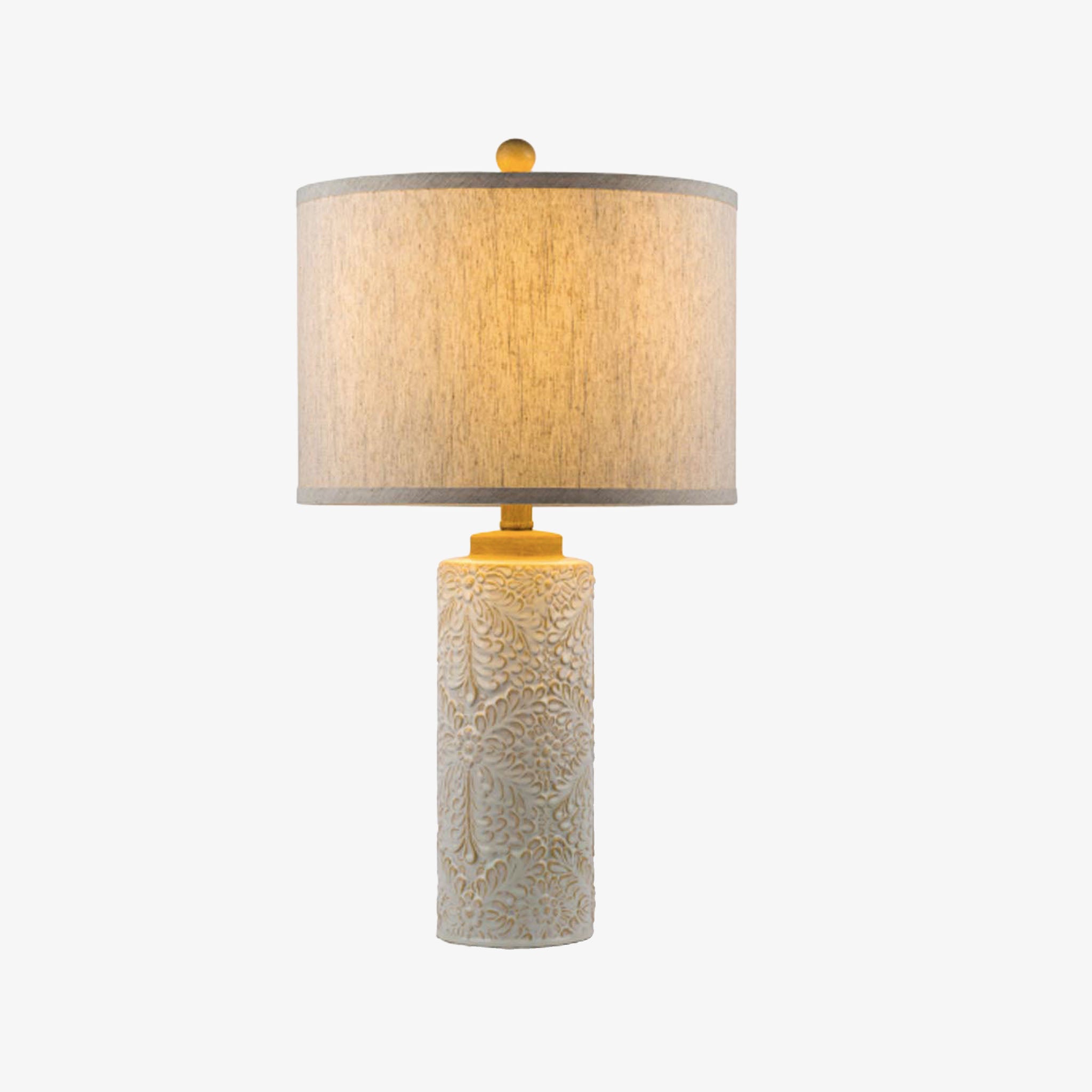 Off-White Glazed Ceramic Table Lamp with Beige Linen Shade on a white background