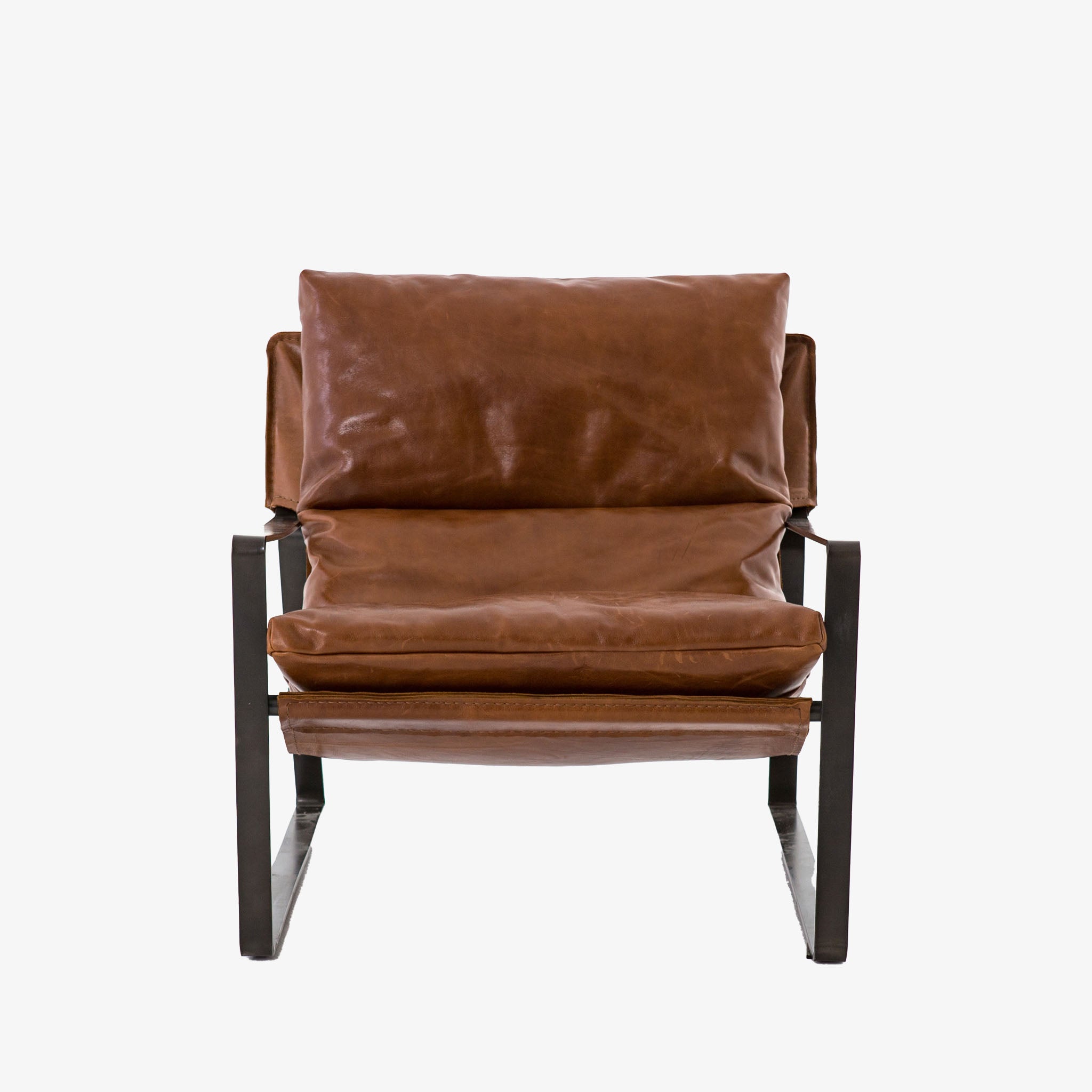 Tobacco brown leather 'Emmett' sling chair by Four hands furniture with iron frame