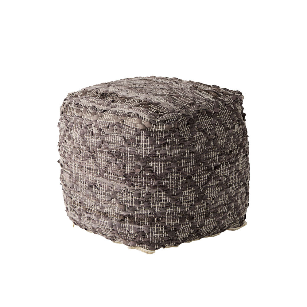 Grey square pouf with cotton and leather accents in geometric pattern on a white background