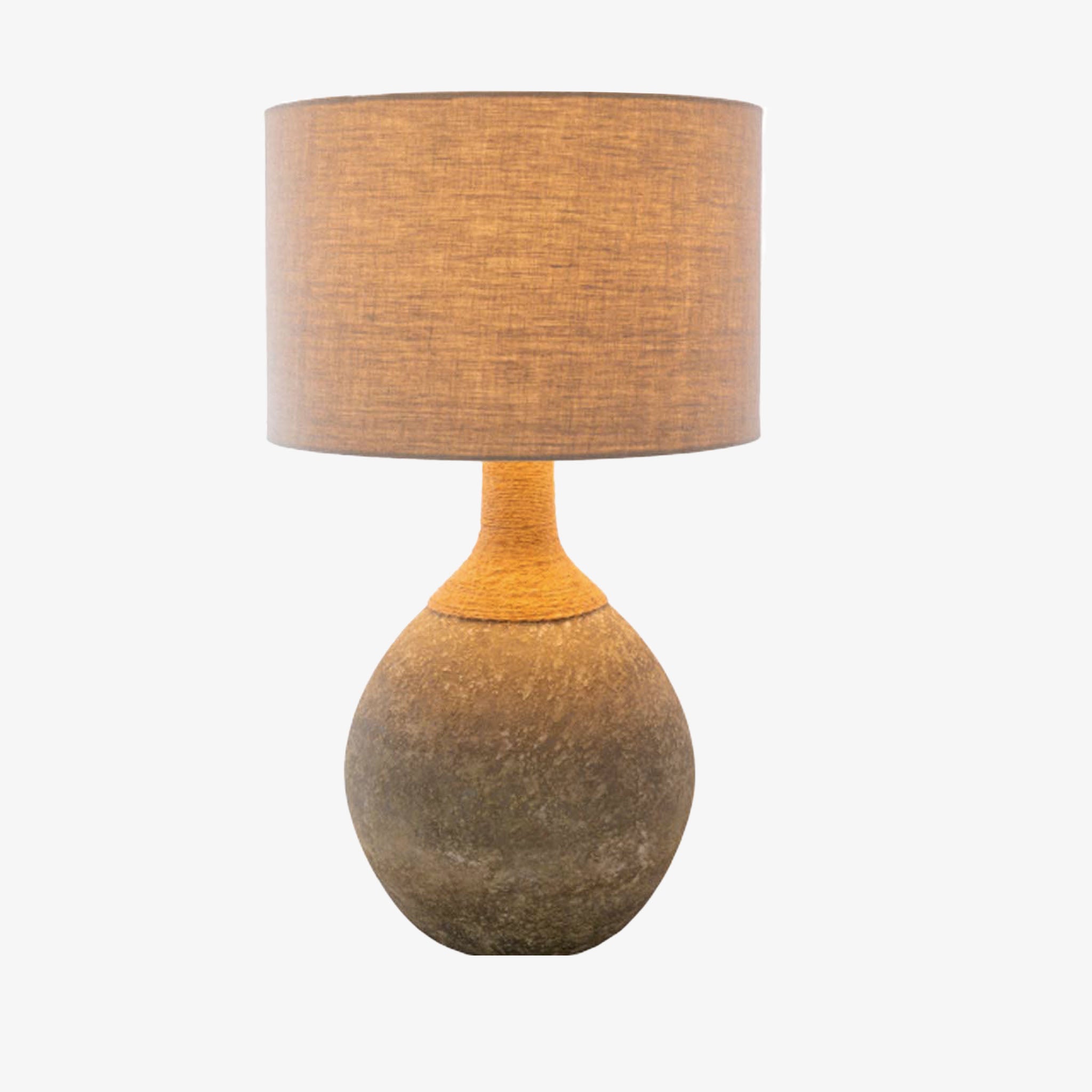 Glacia table lamp of tan and sage glass finish table lamp with jute details and khaki linen shade on a white background