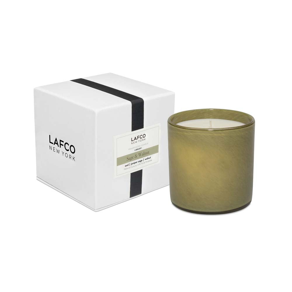 Lafco sage and walnut green candle and white box on a white background