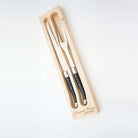 Laguiole ebony carving set in wood box with acrylic lid on a white background