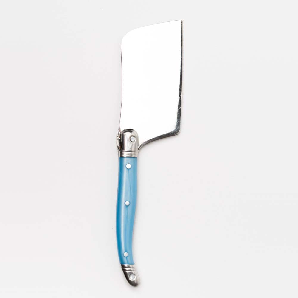 Blue Laguiole cheese cutter on a white background