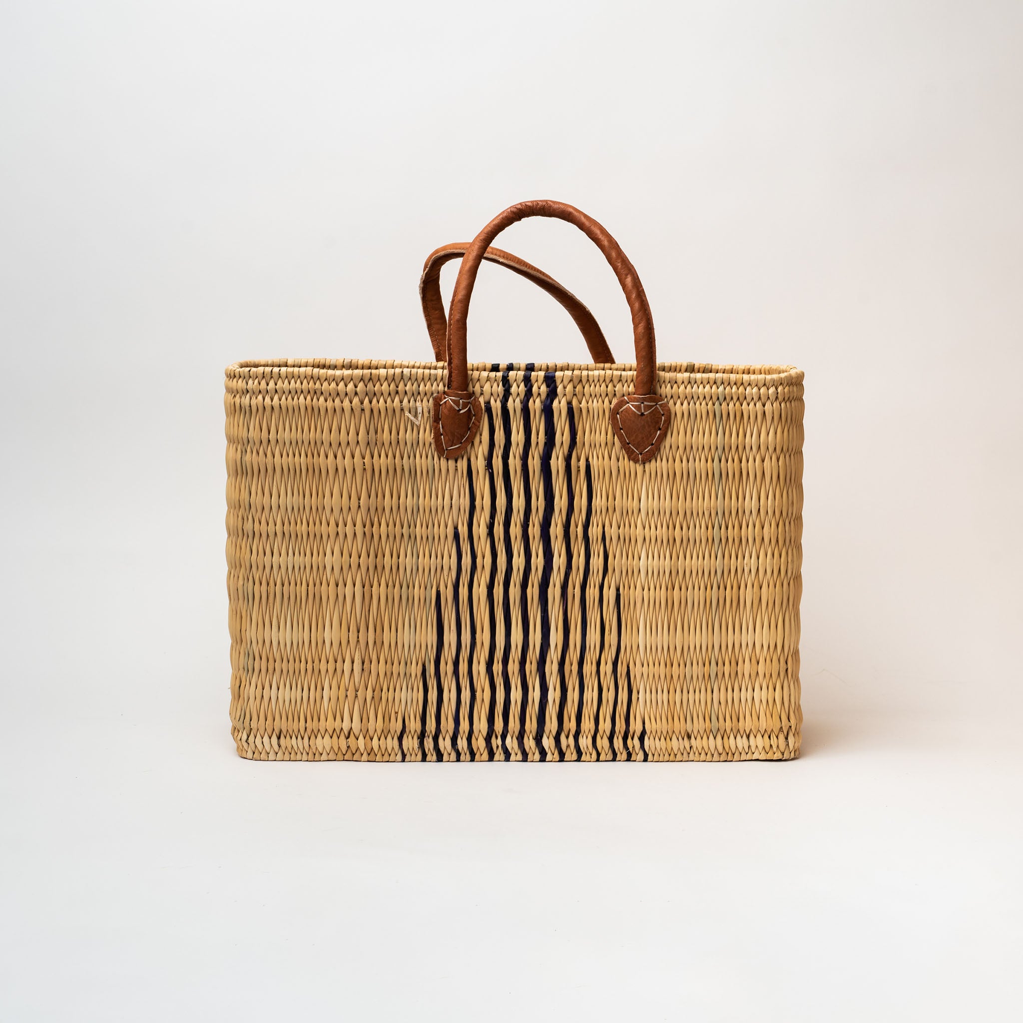 reclangular basket bag with leather handles and black accent weave