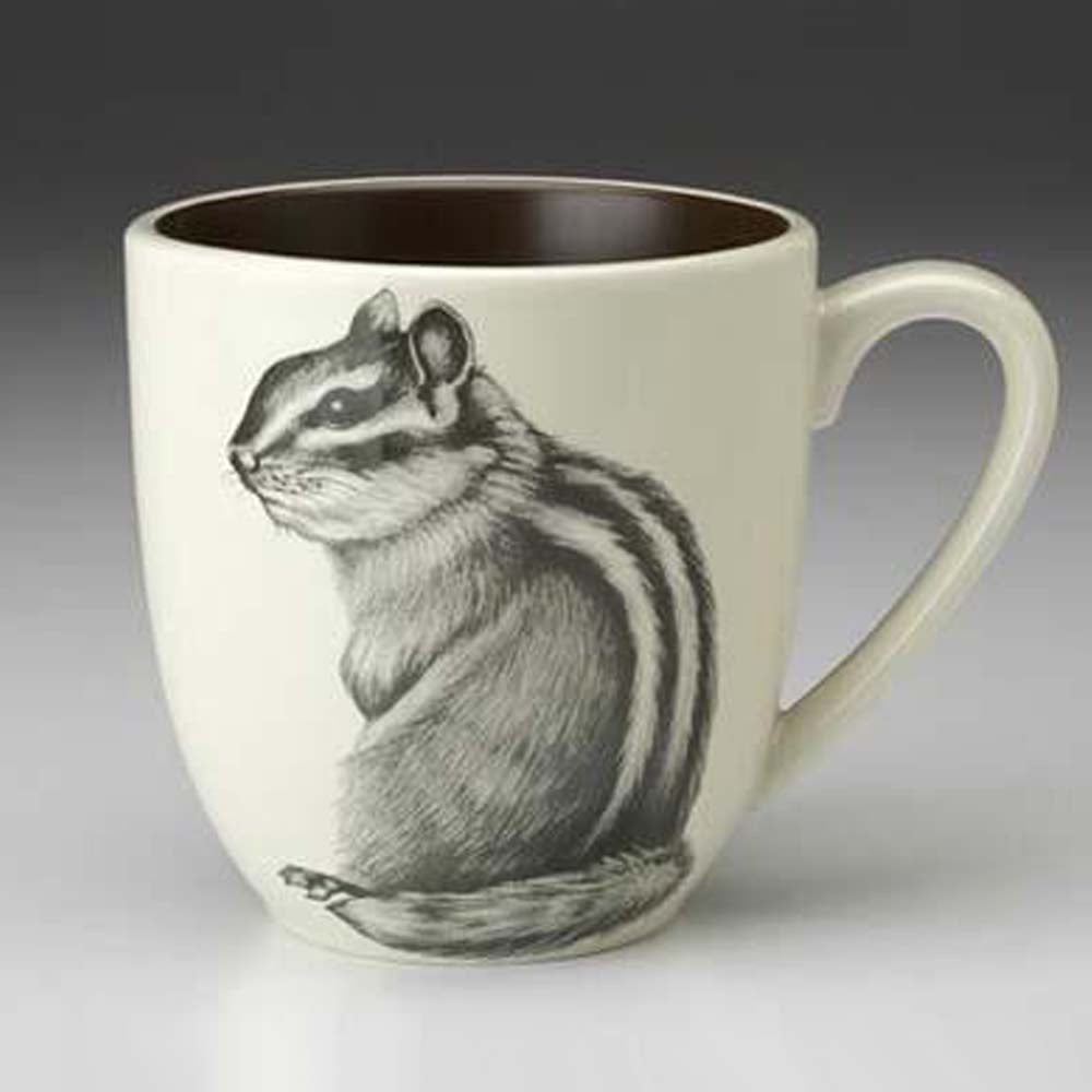 Laura Zindel white porcelain chipmunk mug  on a grey background