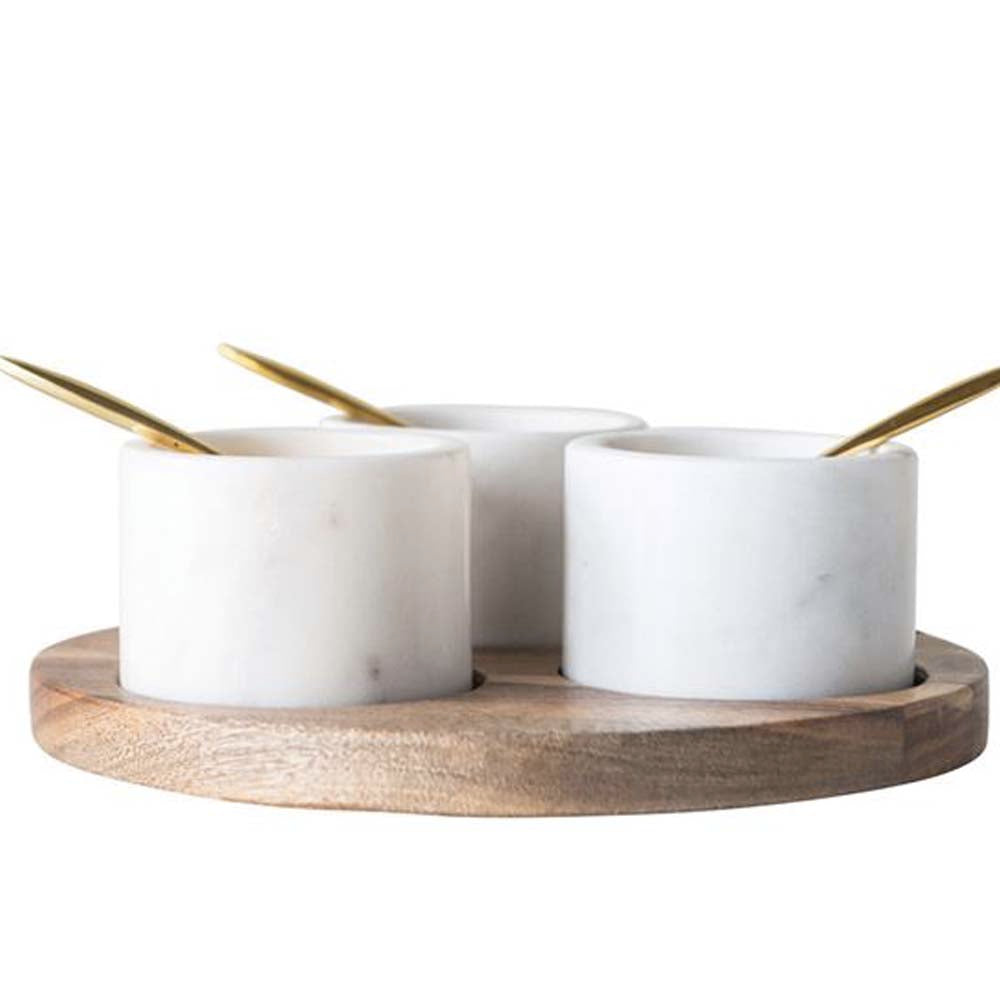 8" Round Acacia Wood Board with 3 Marble Pinch Pots & Brass Spoons on a white background