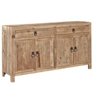 Furniture classics brand old elm sideboard with two drawers and four doors with iron pulls on a white background