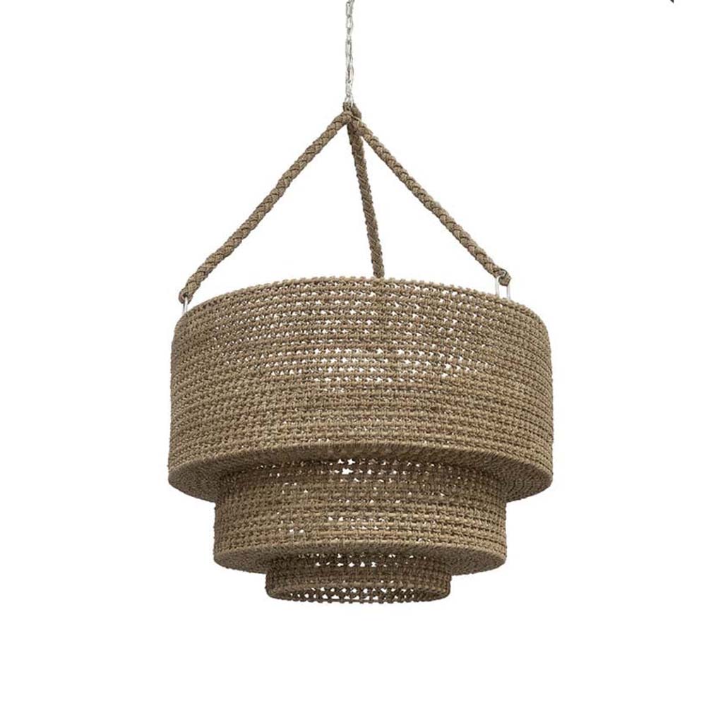 Rattan and natural lampakanai rope Palecek Veranda Woven Pendant on a white background