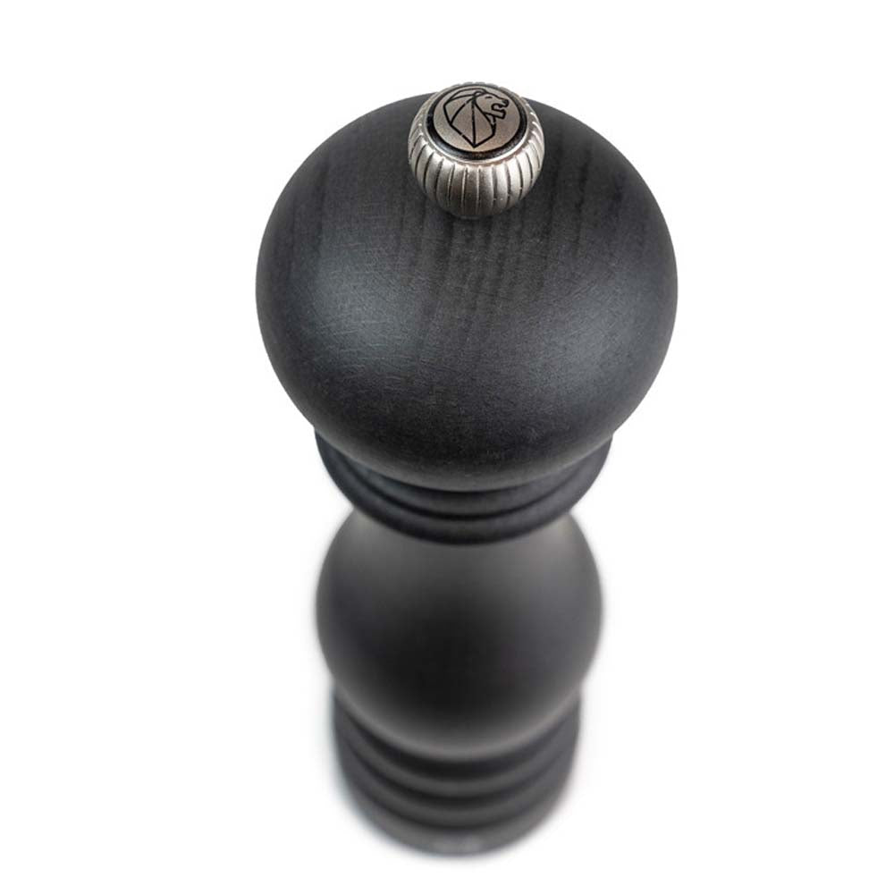 Close up of top of Peugeot Paris brand graphite pepper mill 