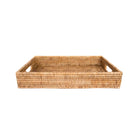 Rattan rectangular tray with two cut out hands on white background